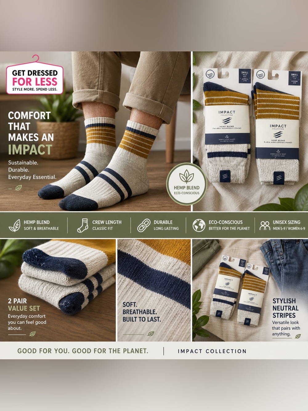 Impact Collection Hemp Crew Socks Small Men 5-9 Women 6-9 NWT 2 Pair
